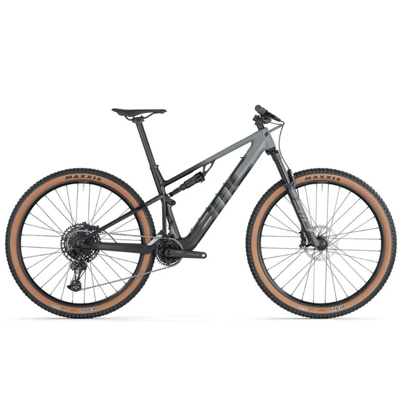 Mountain bike with a gray frame and brown tires on a white background