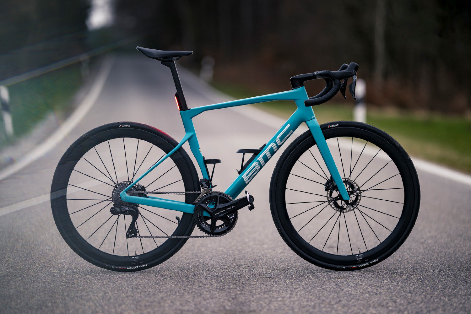 A blue BMC Roadmachine Road Bike photographed against a road 