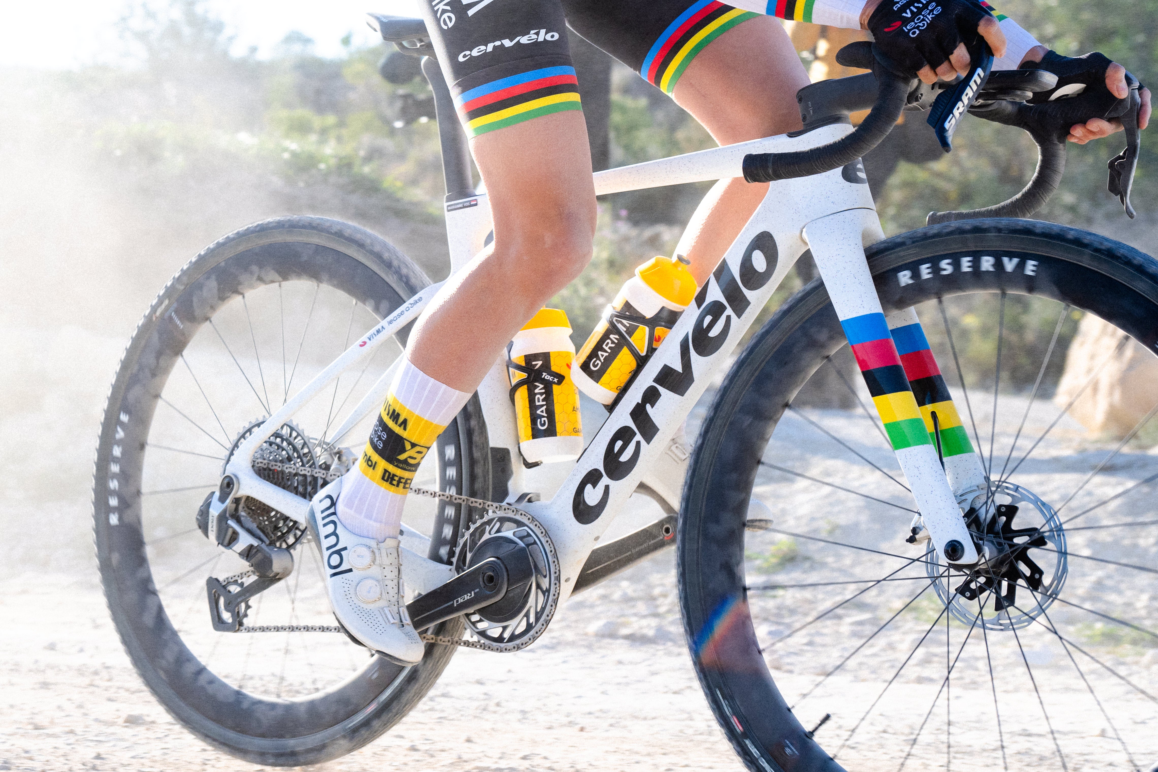 The cervelo Aspero 5 gravel bike being ridden on a dusty road