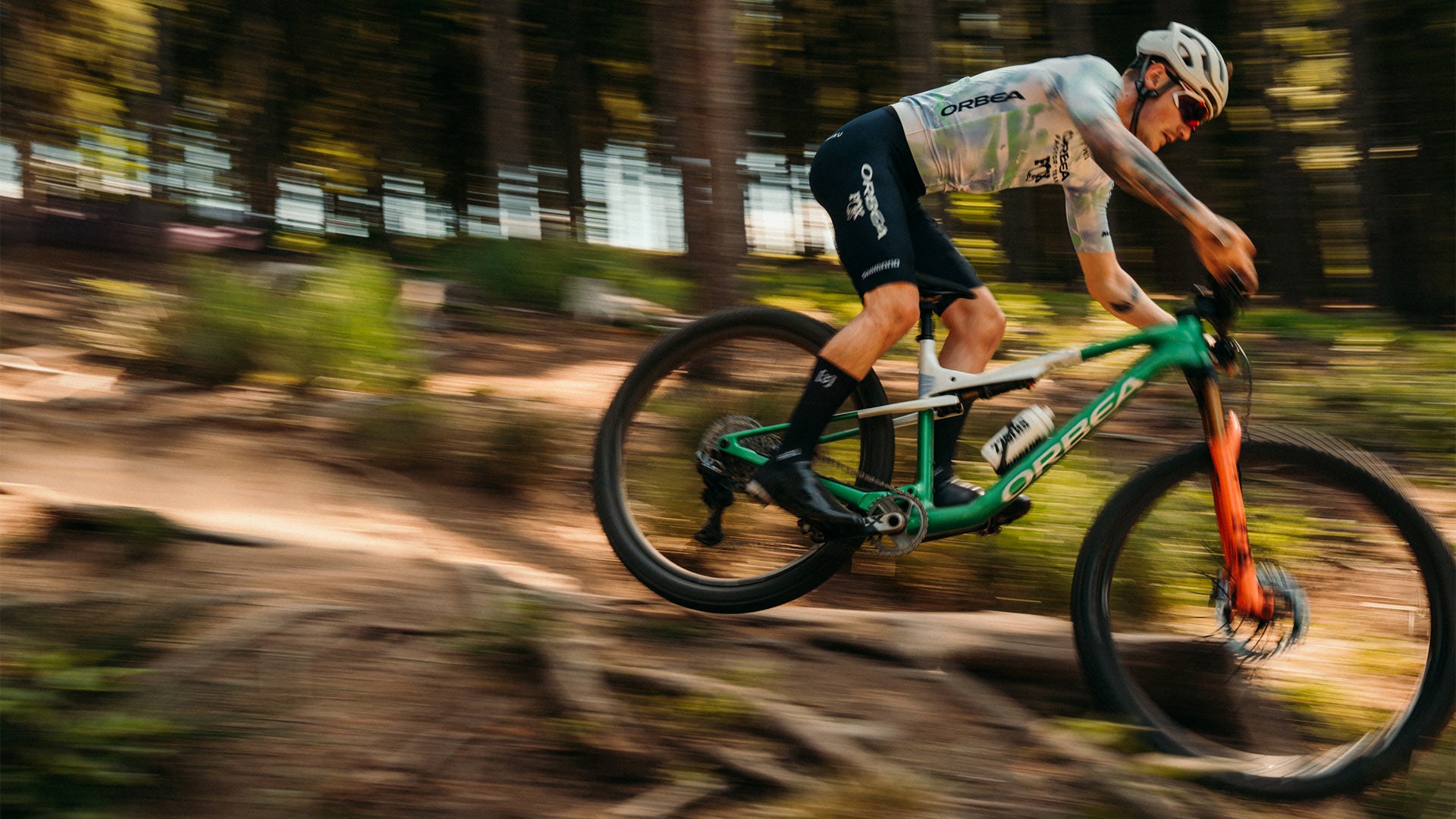 Biker in action on a mountain bike in a forest setting