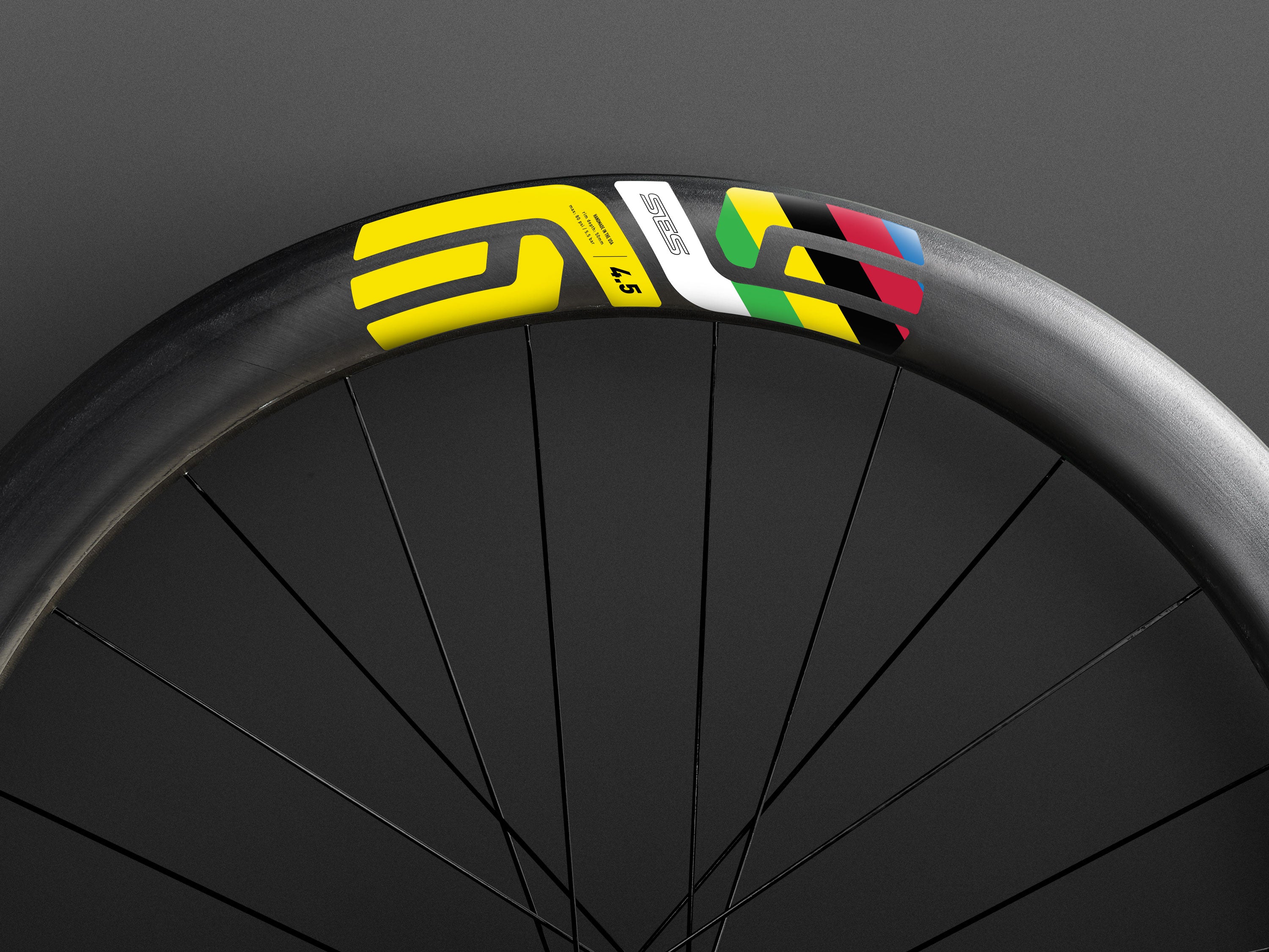A enve road wheel with world champion colored decals on it. 