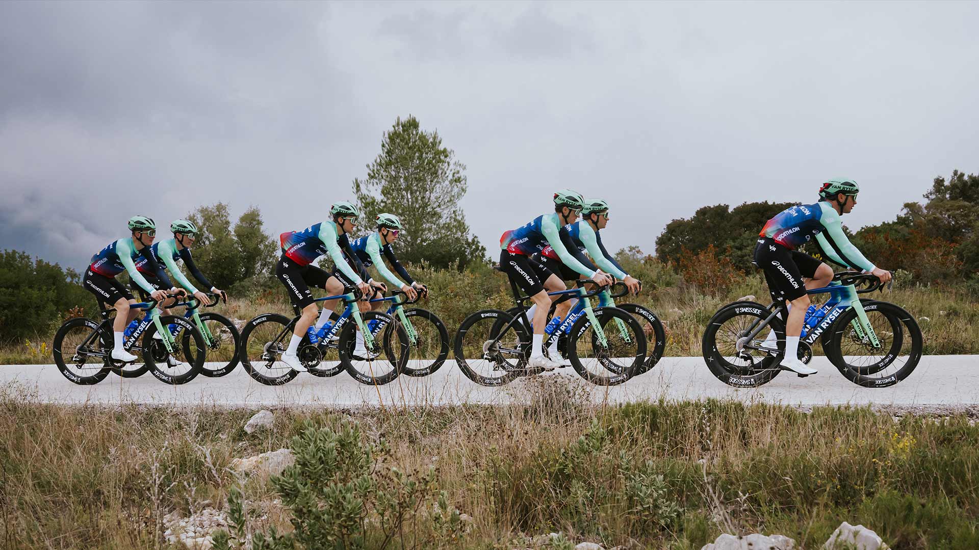 Cycling team in action on a road with a scenic background