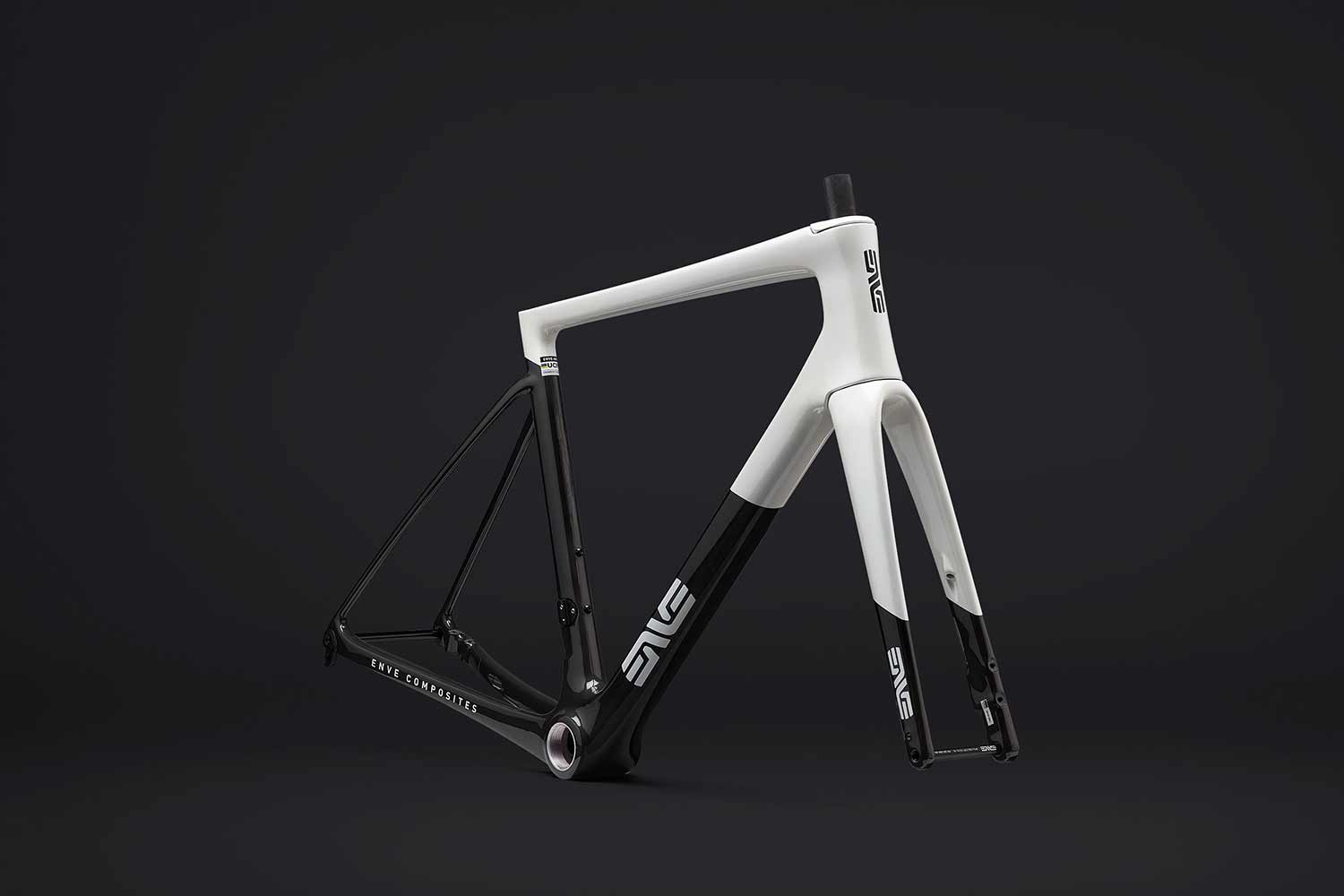 Black and white ENVE Melee frameset with a black background.