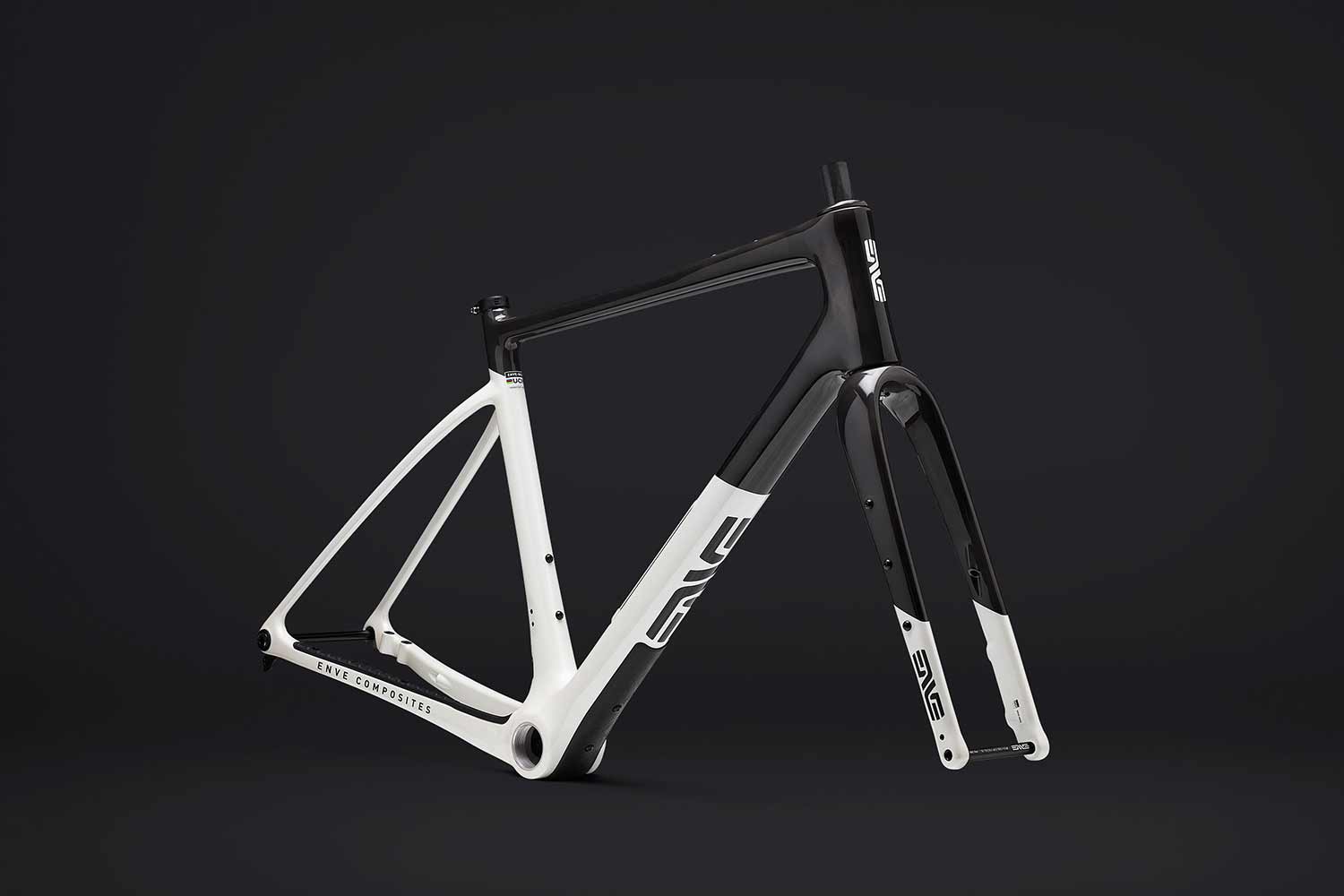 Black and white ENVE Mog frameset with a black background.