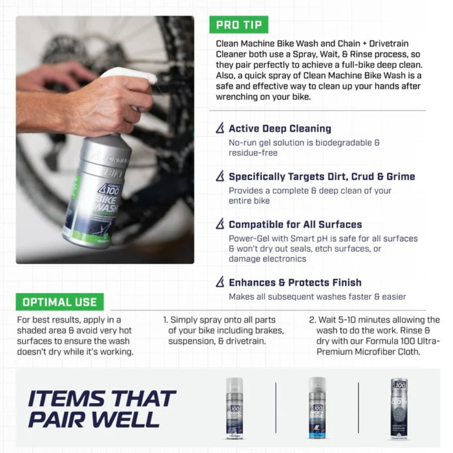 The Formula 100 Clean Machine Bike Wash - Spray, Relax & Rinse Clean Use Guide