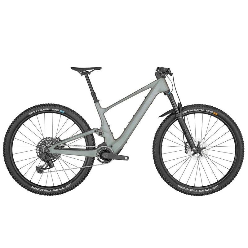 A gray SCOTT Lumen eRide 900 Transmission mountain bike with a flat handlebar 