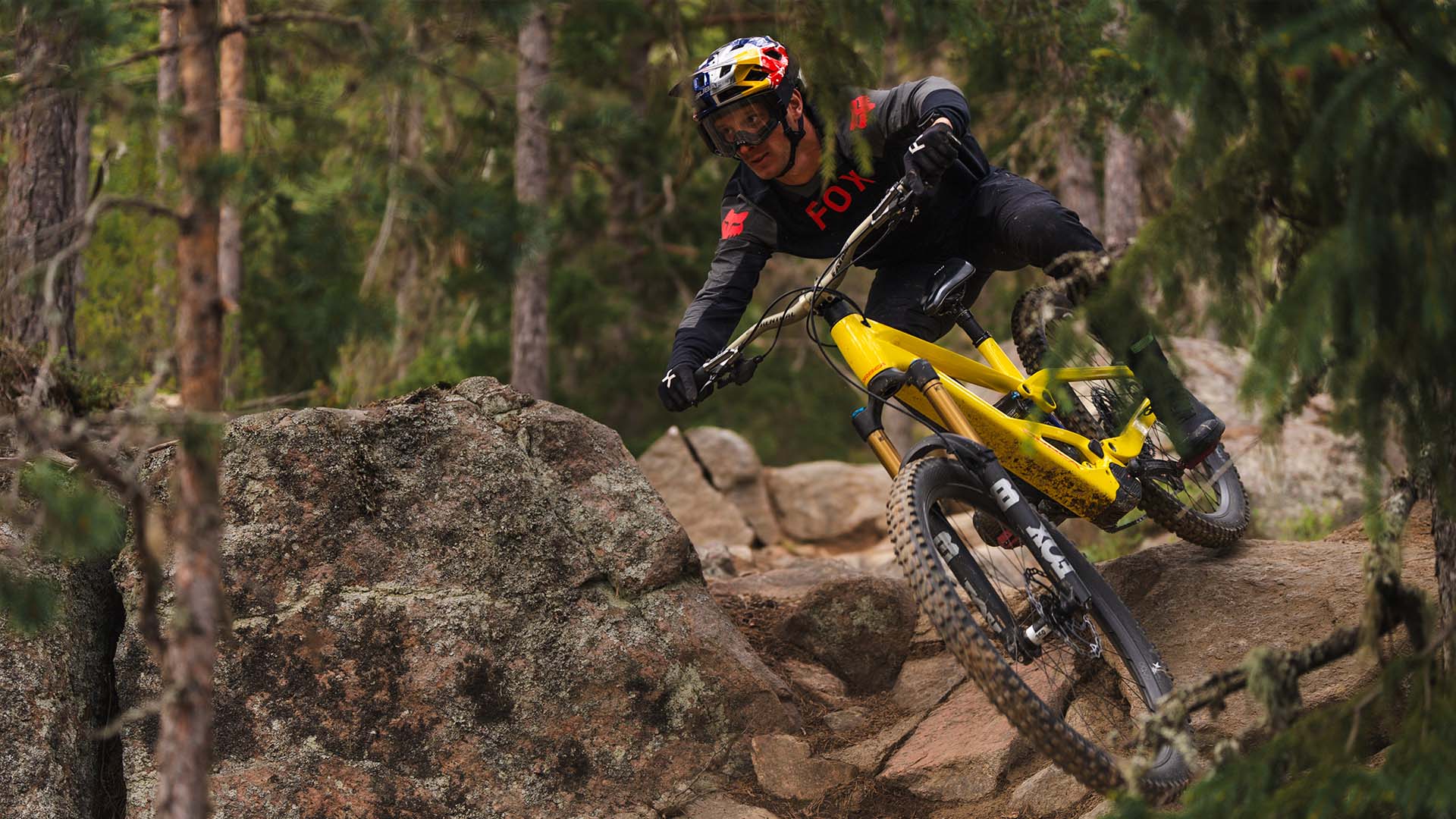 Yellow Orbea Wild LT ridden down rocks.