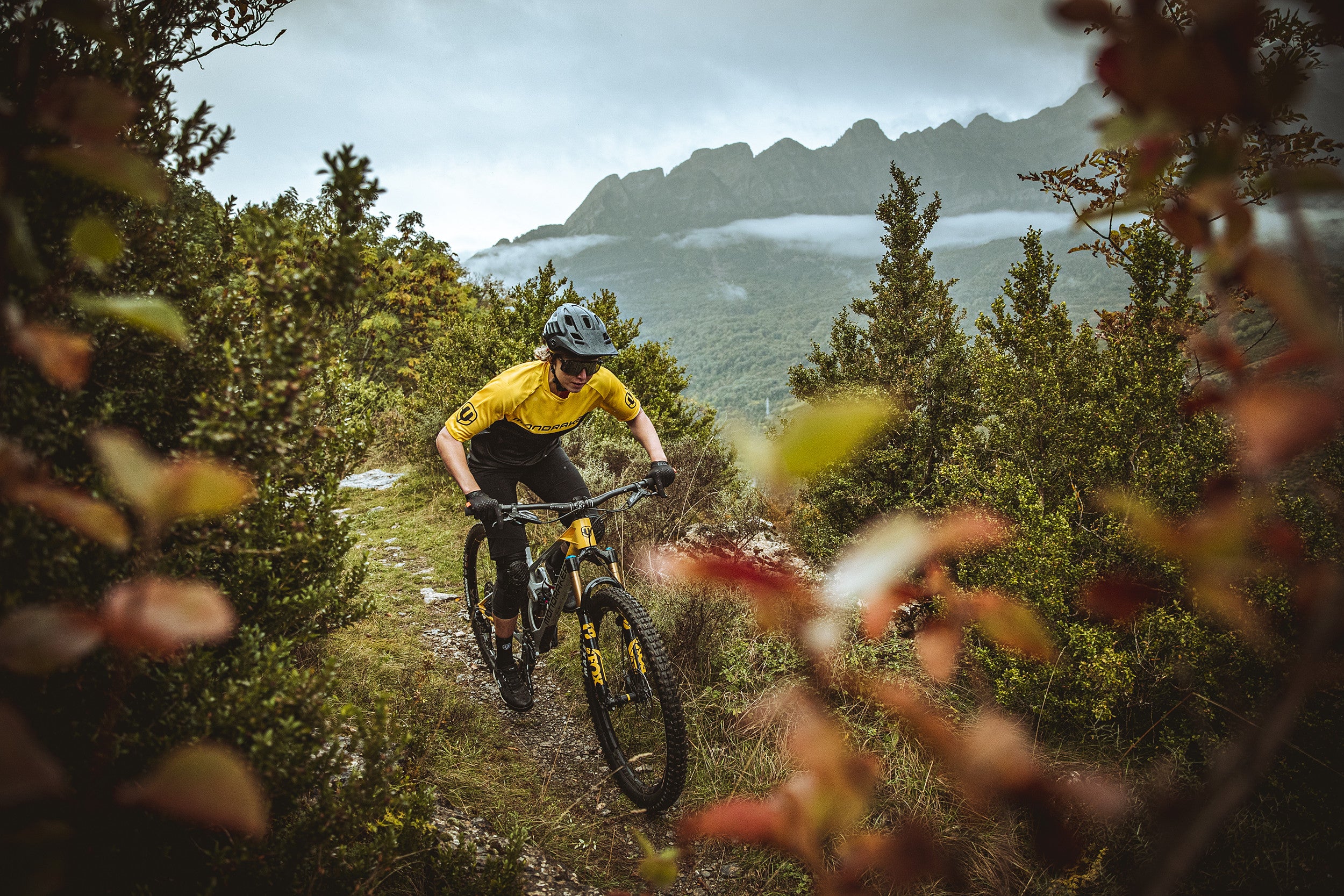 A woman riding the Mondraker Raze Trail bike through a forest in a mountain range, available at Contender Bicycles.