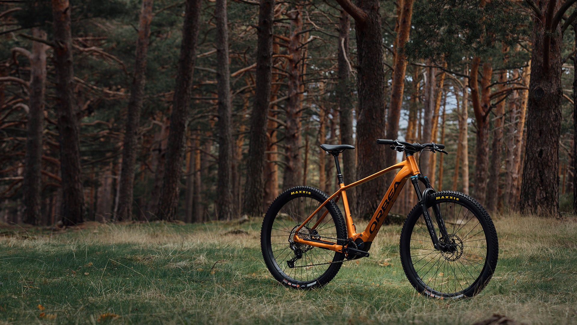 an orange orbea urrun electric mountain bike in a forest. 