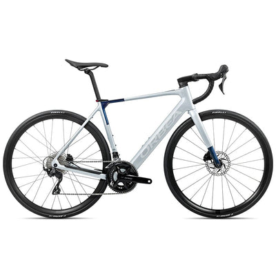 The Orbea Gain M30 20MPH in Halo Silver and Blue Carbon View | Contender Bicycles