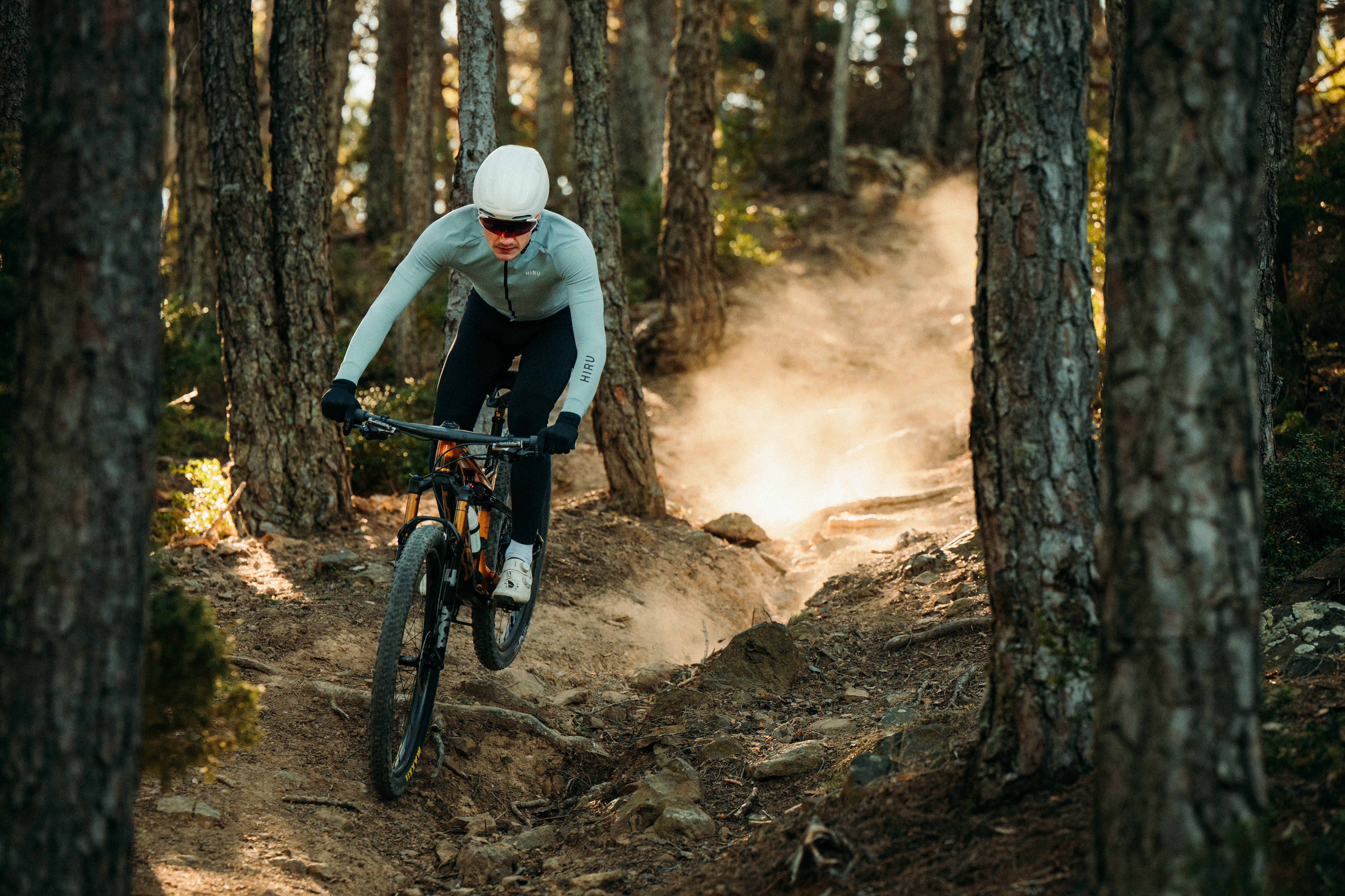 Person riding a mountain bike on a dirt trail through a forest