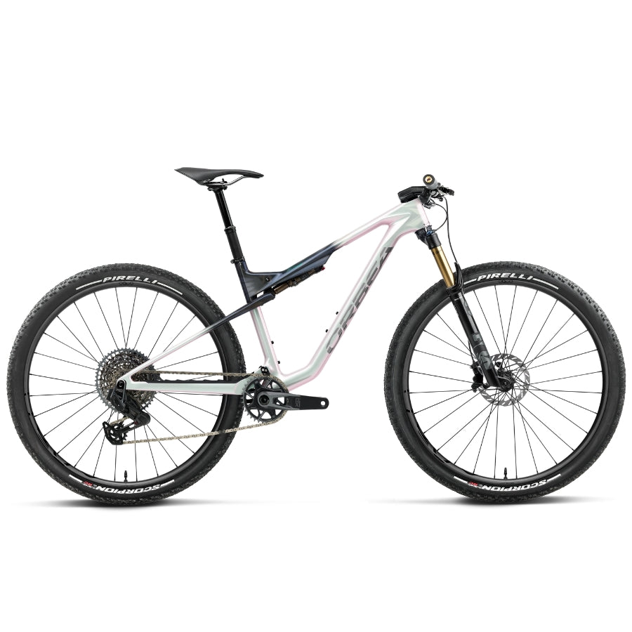 The Orbea Oiz MTEAM AXS 2027 in Iris White - Seaweed Carbon View (Gloss)