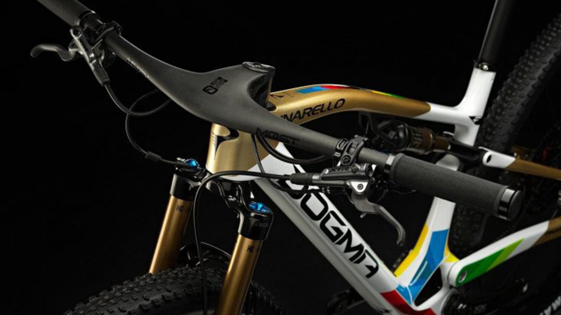 A detailed shot of the Pinarello dogma XC Cross Country Bike