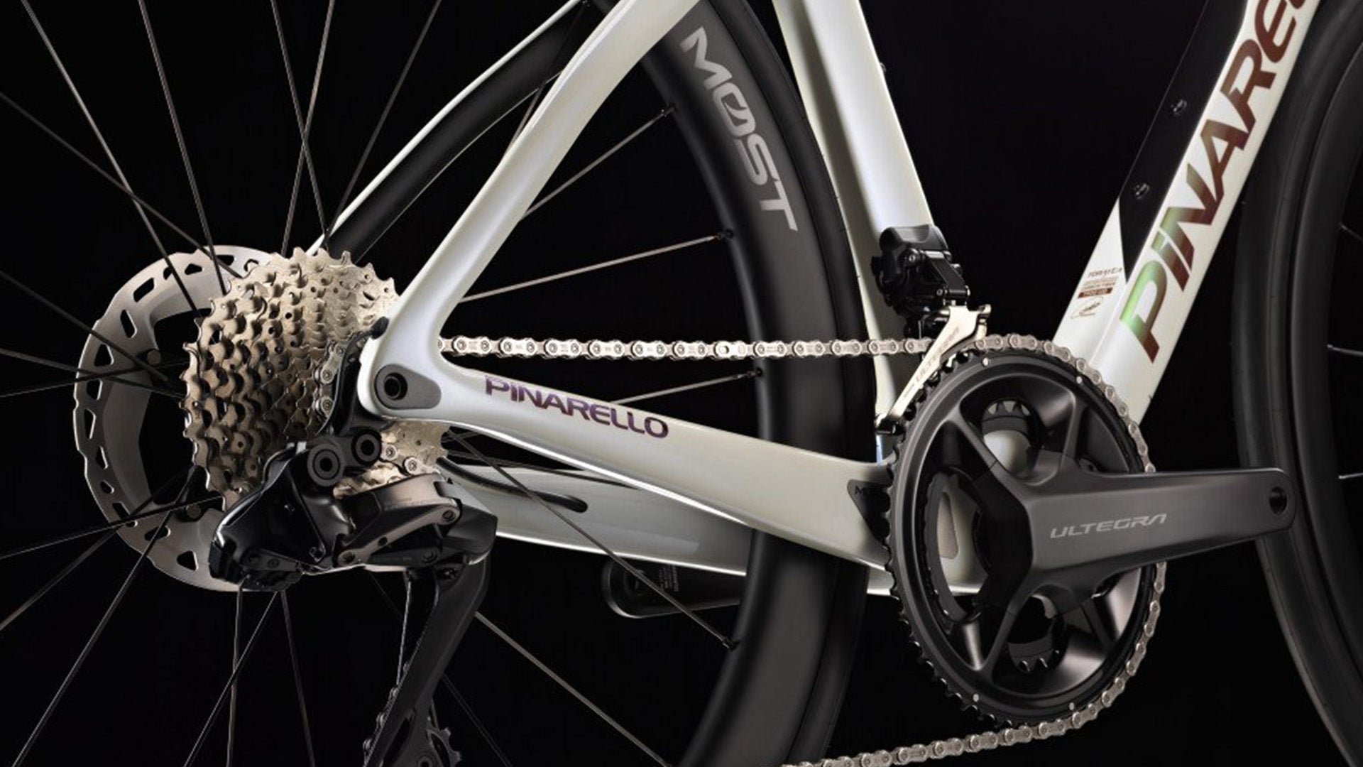 A deatiled shot of the Pinarello F road bike  chainstays in White
