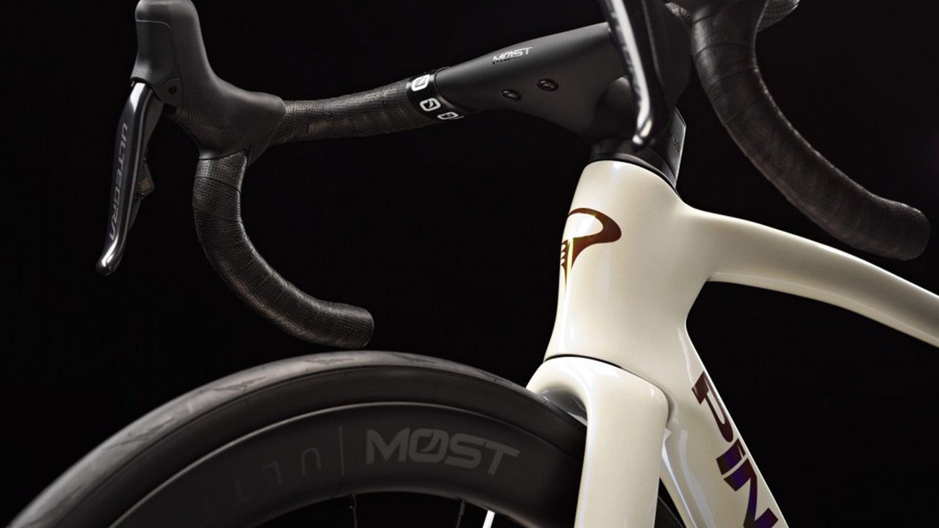 A deatiled shot of the Pinarello F road bike head tube in White
