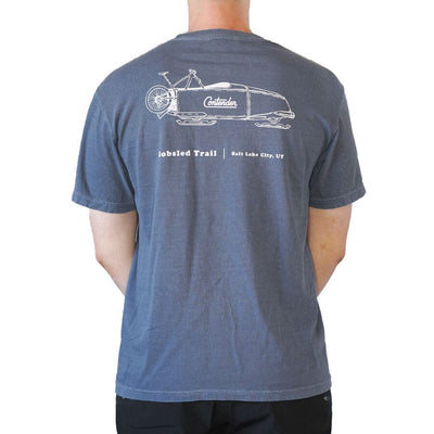Back view of the blue Contender Trail Series Bobsled T-shirt featuring a bike bobsled graphic and Salt Lake City, Utah lettering.