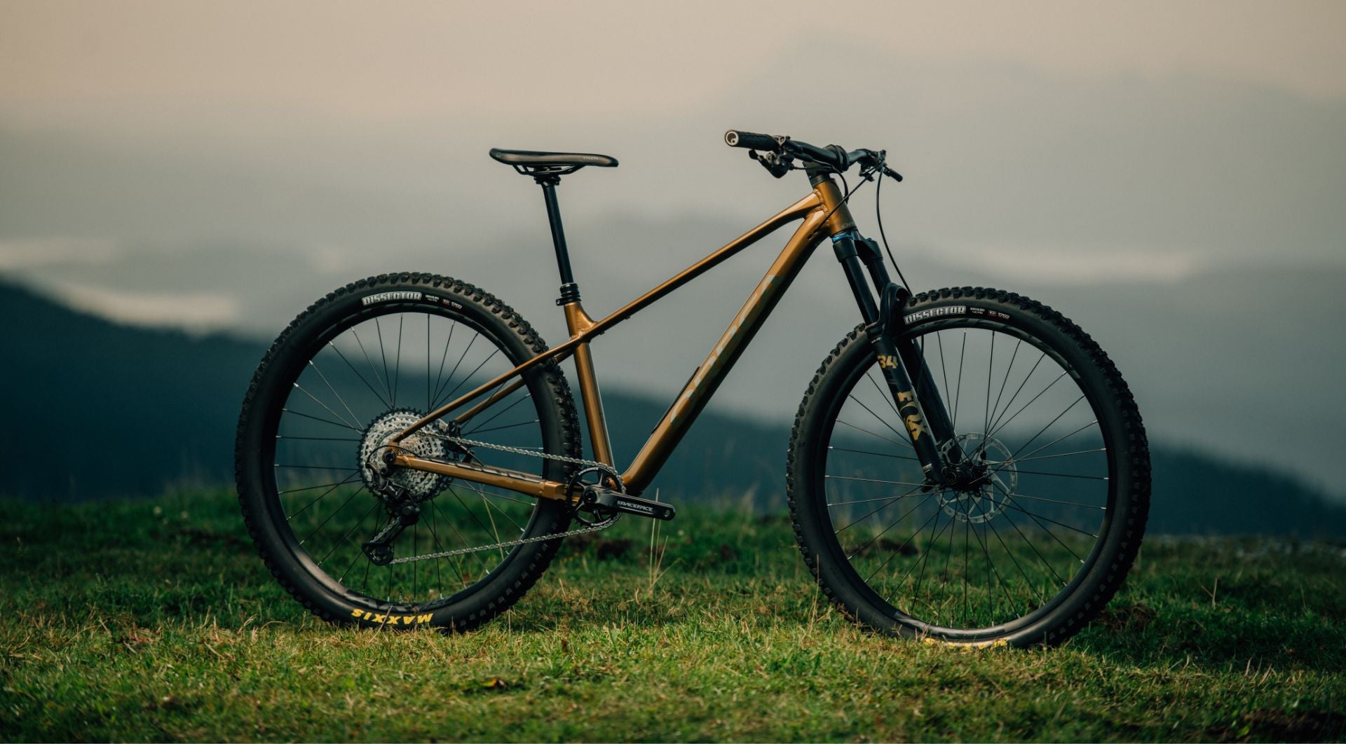 The Orbea Laufey Mountain bike on the top of a green hill, with gray clouds in the background. 