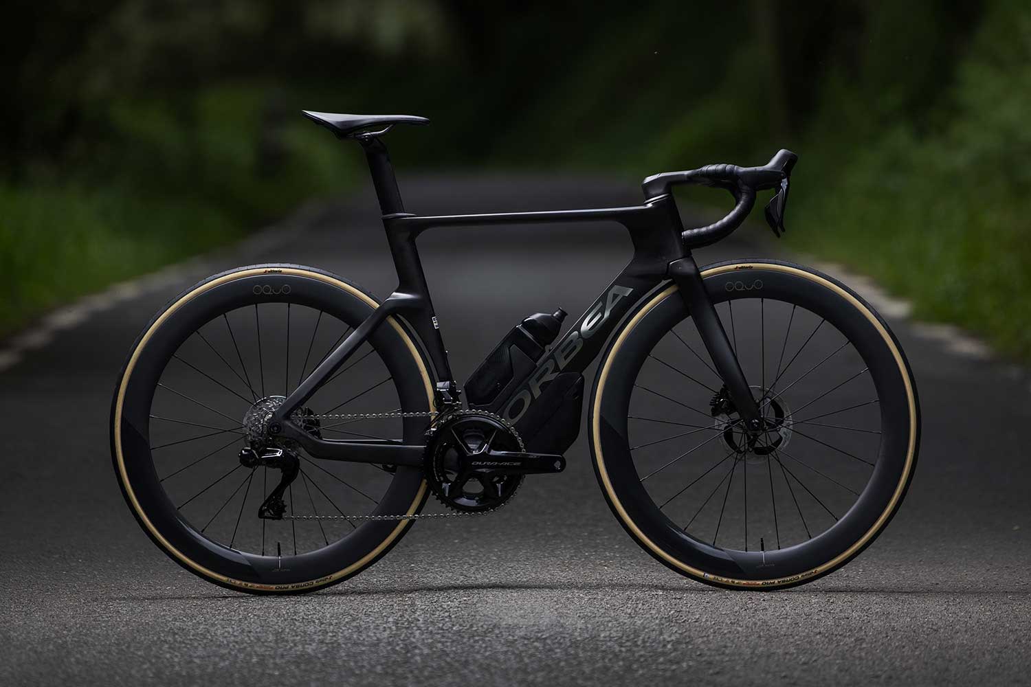 Black bicycle on a dark road with blurred greenery in the background.