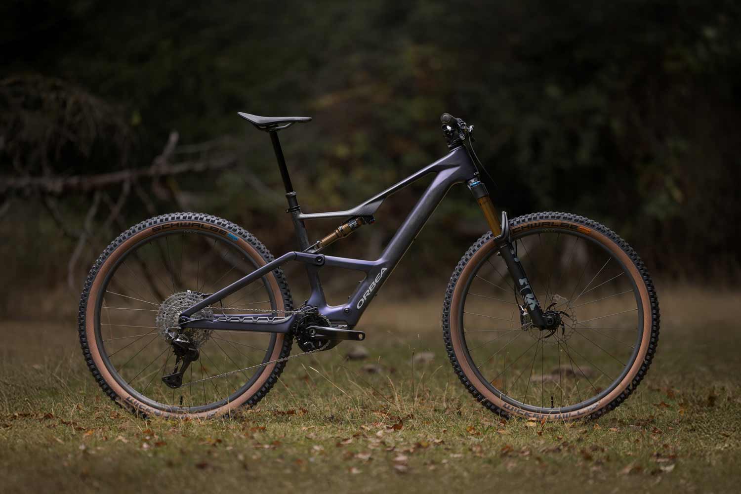 Mountain bike on a grassy field with a blurred natural background.