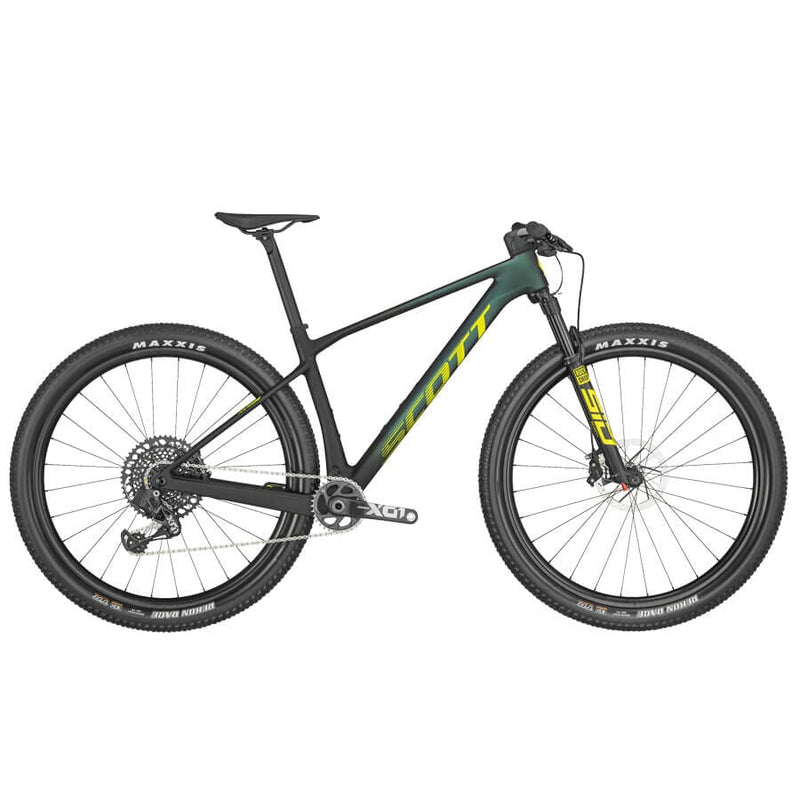 A green SCOTT Scale RC World Cup with yellow lettering and flat handlebars